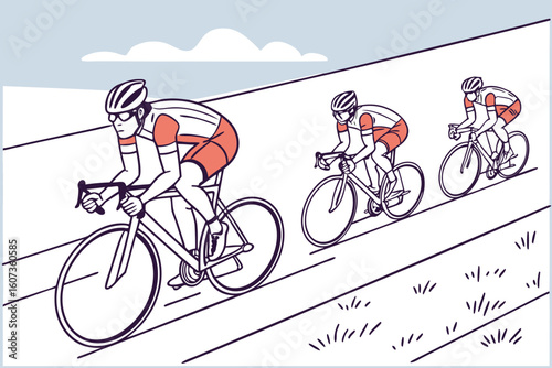 Cyclists riding uphill on a road with a cloud in the background in a stylized illustration