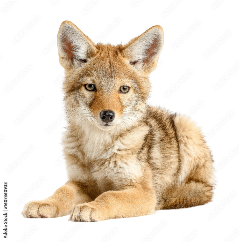 Fototapeta premium Coyote pup playing in animal portrait cute environment view nature concept isolated on transparent background