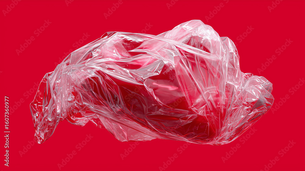 Fototapeta premium Wrinkled Transparent Plastic Wrap on red Background