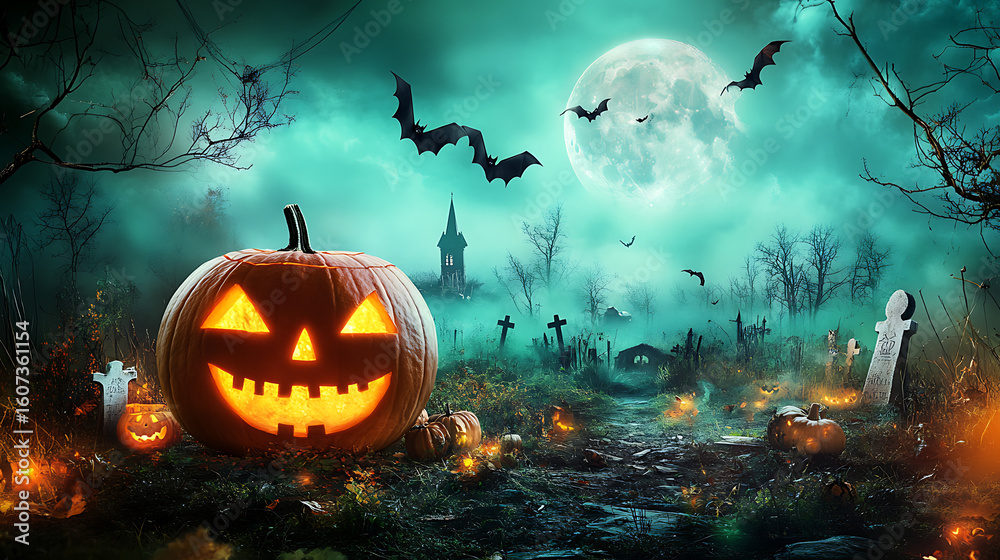 Naklejka premium Halloween is a spooky, eerie, and chilling time of year, when ghostly shadows creep and haunted houses come alive. The streets grow foggy and dim, lit only by the flickering glow of jack-o’-lanterns