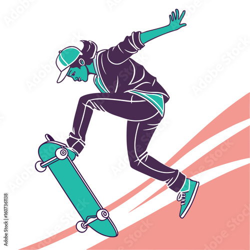 A skater in a jacket and cap performs a trick on a skateboard with a pink background illustration
