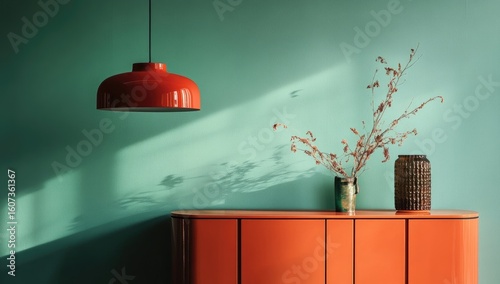 Teal wall, orange cabinet, red pendant lamp, dried botanicals