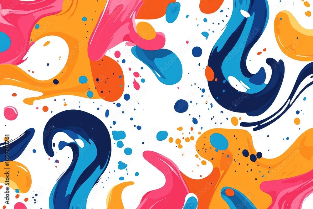 Naklejka premium Abstract fluid painting with vibrant colors. Dynamic swirls and splashes of pink, orange, yellow, blue, and dark blue on a white background. Small dots add texture