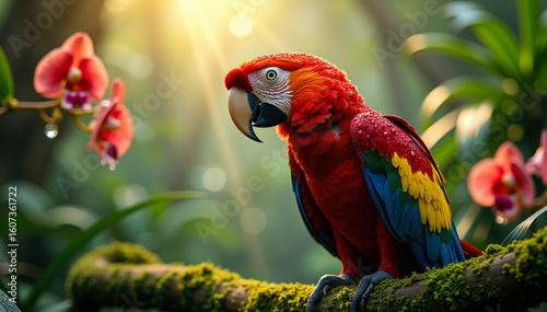 Red yellow and blue macaw perched on a jungle branch with soft light and exotic blooms