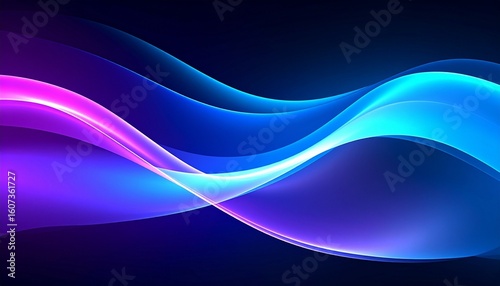 Colorful abstract waveforms in vibrant blue, purple, and pink gradients flowing against a dark navy background. The overlapping curves and glowing transitions evoke movement, energy, and a futuristic 