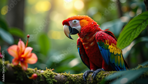 Exotic bird with vivid feathers perched among orchids and heliconias in jungle light