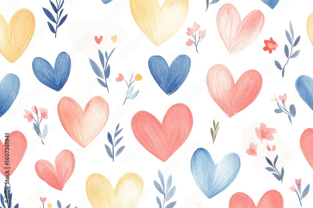 custom made wallpaper toronto digitalA repeating pattern of painted hearts and small flowers on a white background.