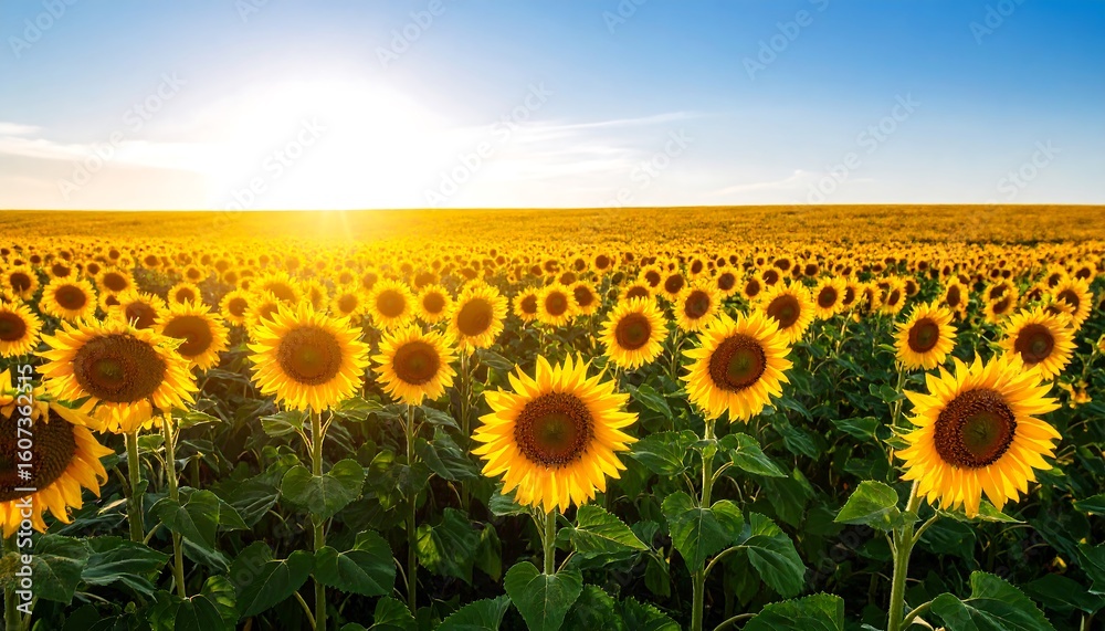 Fototapeta premium Vibrant Sunflower Field under Blue Sky Bathed in Golden Sunlight Radiating Optimism
