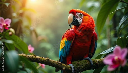 Scarlet macaw glowing in rainforest light perched among flowers on moss-covered branch