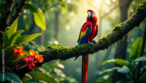 Jungle bird on mossy branch among vibrant leaves and flowers under glowing morning sun