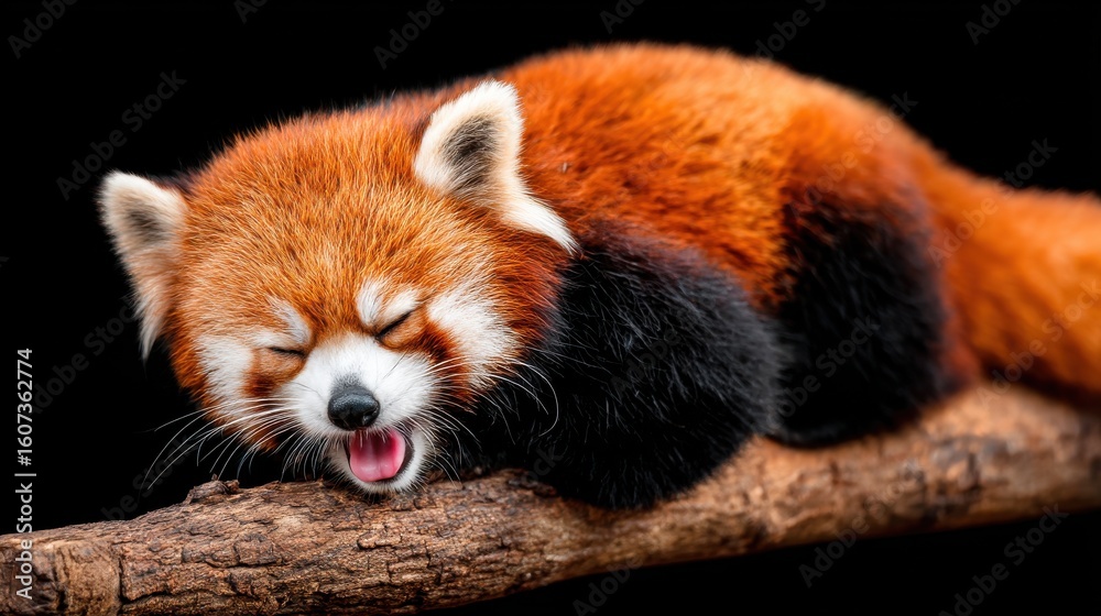 Fototapeta premium Red Panda Grooming on Dark Branch