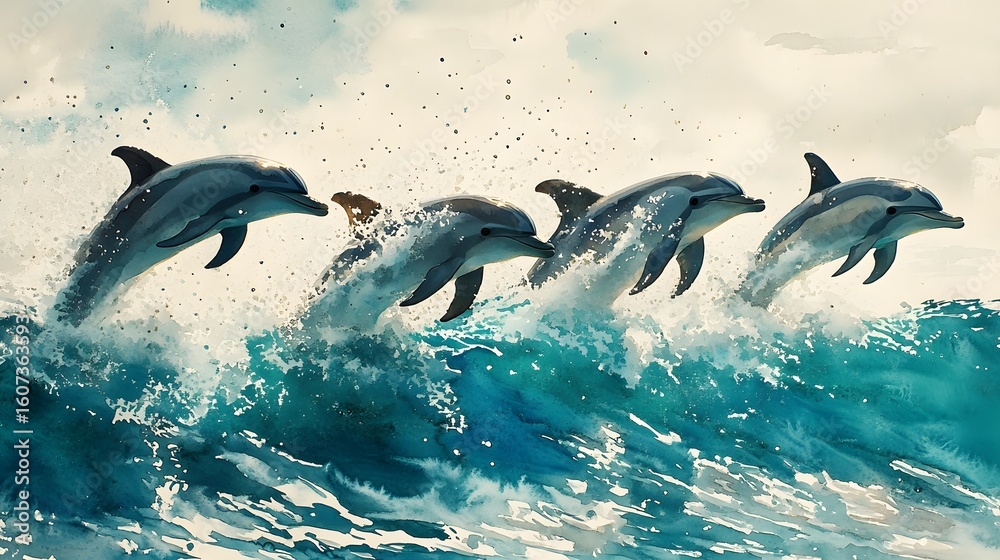 Fototapeta premium Playful pod of dolphins leaping through turquoise waves