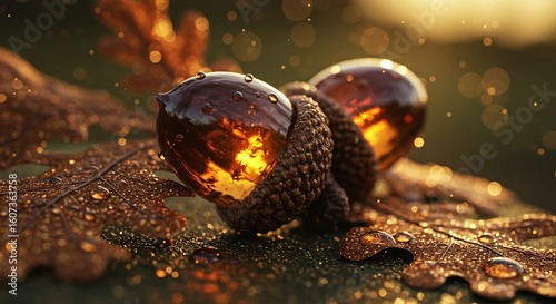 A close-up of acorns, intricately carved from clear amber filled with light, against the copper leaves, twilight in the rays of the setting sun. The warmth of the fading summer. Light and shadow