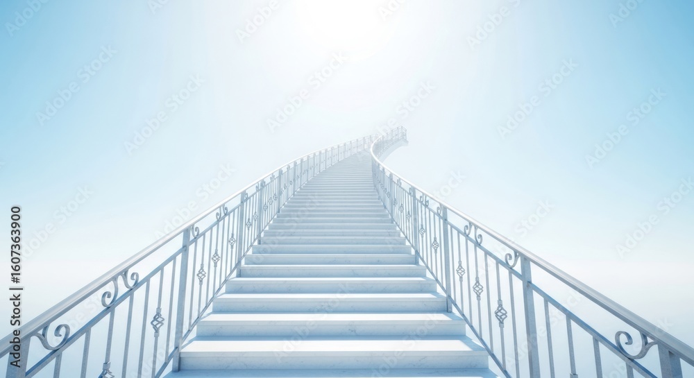 Fototapeta premium Ascending Stairway to Heaven: White Steps and Wrought Iron Railings in Ethereal Light