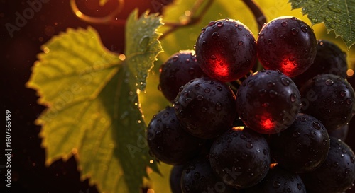 Close up of ripe 3D grape clusters of dark transparent ruby filled with light from them against a glowing maroon background of summer twilight in the rays of the setting sun. Warmth of leaving summer