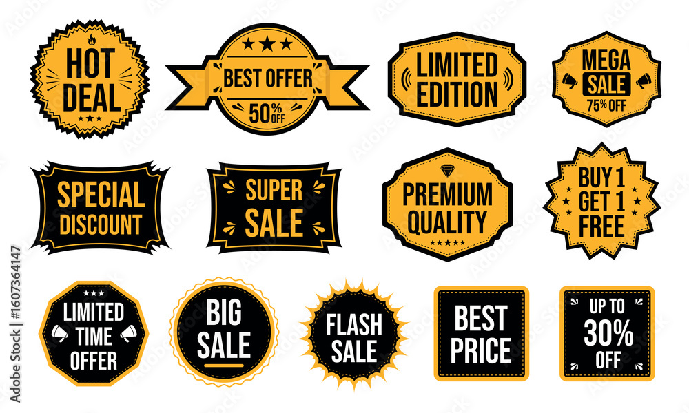 Obraz premium Sale Badges Vector Set, Discount Labels, Offer Tags, Promo Stickers, Special Deal Icons, Price Signs