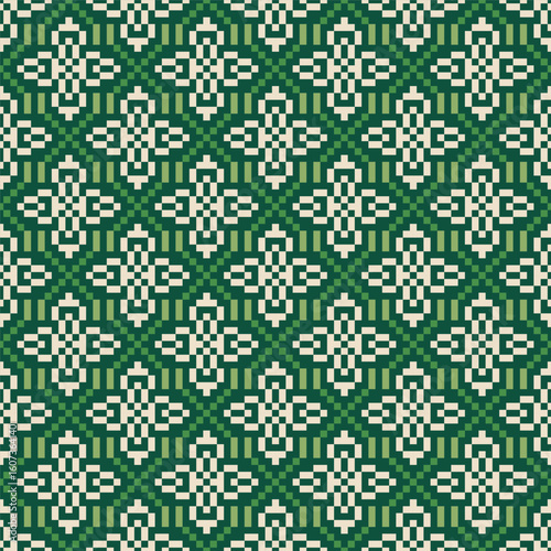 Detailed Geometric Seamless Knitted Textile Pattern with Green and Beige Tone