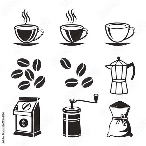 Coffee Icons: A collection of monochrome illustrations captures the essence of a rich coffee experience, from the steaming cup to the aromatic beans, evoking the daily coffee ritual.