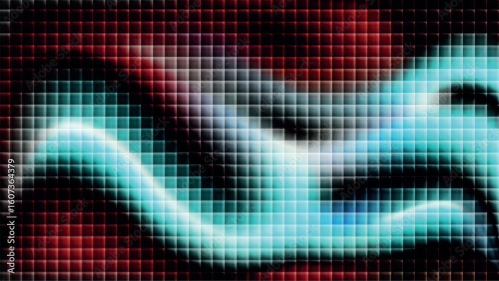 Fototapeta premium Pixel fractal glass gradient background with purple, pink and yellow blur colors and rippled chrome design. Ribbed lines wallpaper with fluorescent motion and iridescent flow. Vector illustration.
