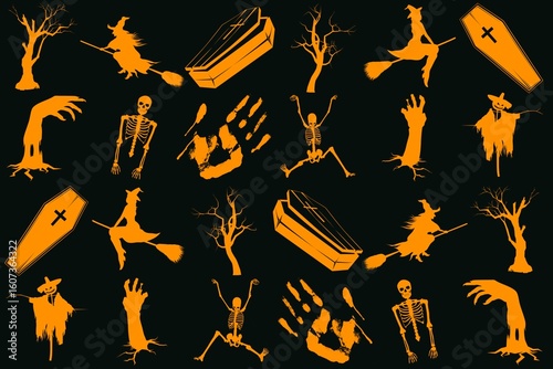 Seamless Halloween pattern with witches skeletons coffins and trees