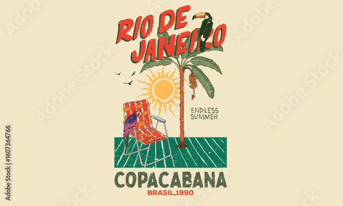 Come To Rio Relaxed T-Shirt. Rio resort artwork. Copacabana beach graphic print design. Rio de Janeiro watercolor painting. Summer good vibes vector graphic design for poster. Toucan paradise artwork.