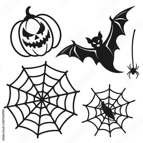 Halloween Symbols Silhouette: Halloween-themed vector illustration with an evil jack-o'-lantern, a sinister bat in flight, and spiderwebs, embodying the spooky and eerie ambiance of All Hallows' Eve.
