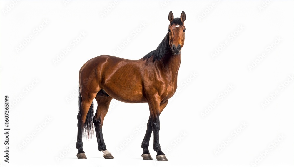 Obraz premium Glossy dark brown horse with black mane and tail, standing against a clean white background. Muscular build and poised stance highlight strength, elegance, and natural beauty.