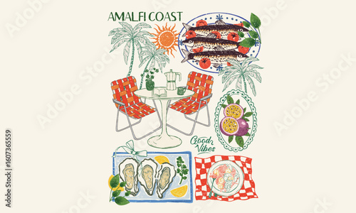 Oyster club print design. Beach sea food artwork for t shirt print, poster, sticker and other uses. Palm tree with food artwork.