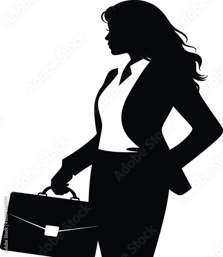 Silhouette of a businesswoman in a suit holding a briefcase against a white background in a side view