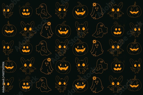 Seamless Halloween pattern with pumpkins bats and ghosts