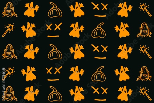 Seamless Halloween Pattern with Ghosts, Pumpkins, and Magic Wands