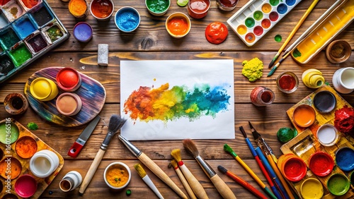 An overhead view of art supplies with a colorful watercolor painting on paper
