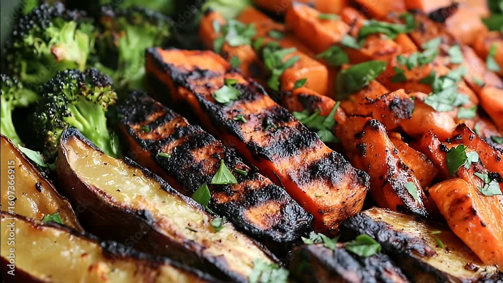 Grilled vegetable medley with dark grill marks and garnished with fresh herbs, showcasing diverse textures and vibrant colors