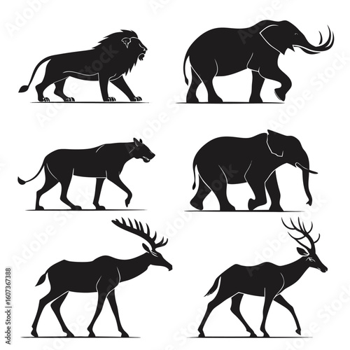 African Wildlife Silhouettes: A collection of elegant black silhouettes, showcasing the majestic forms of iconic African wildlife in a striking artistic composition.