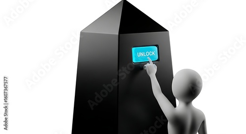 3D Render of a Man Pressing Unlock Button on a Futuristic Black Device
