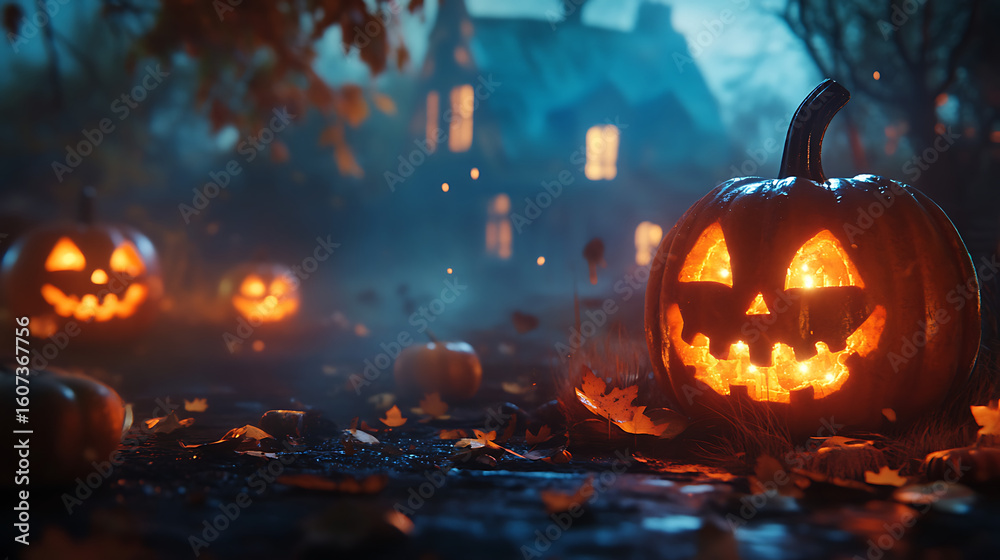 Fototapeta premium Halloween is a spooky, eerie, and chilling time of year, filled with ghostly shadows and haunted houses. Streets become foggy and dark, lit only by flickering jack-o’-lanterns carved from grinning pum