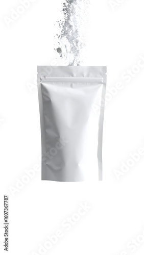 sachet being torn open, with powder granules falling 