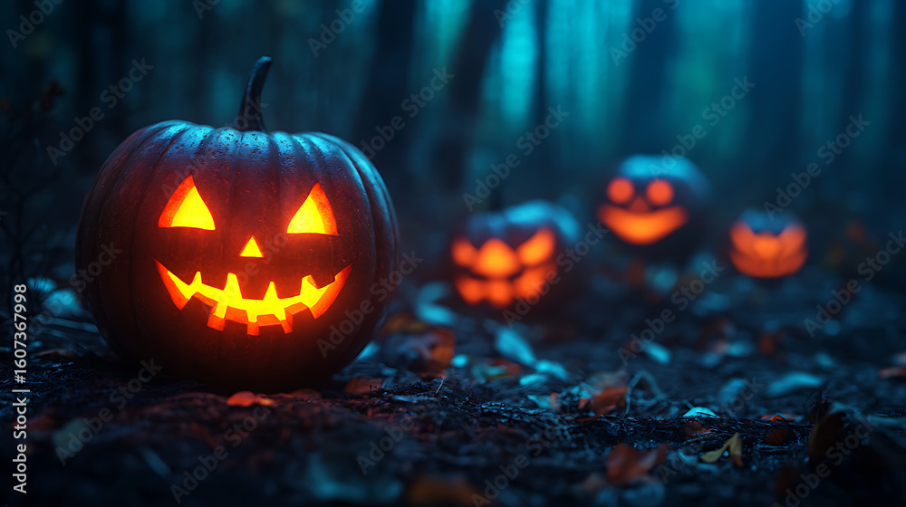 Fototapeta premium Halloween is a spooky, eerie, and chilling time of year, filled with ghostly shadows and haunted houses. Streets become foggy and dark, lit only by flickering jack-o’-lanterns carved from grinning pum