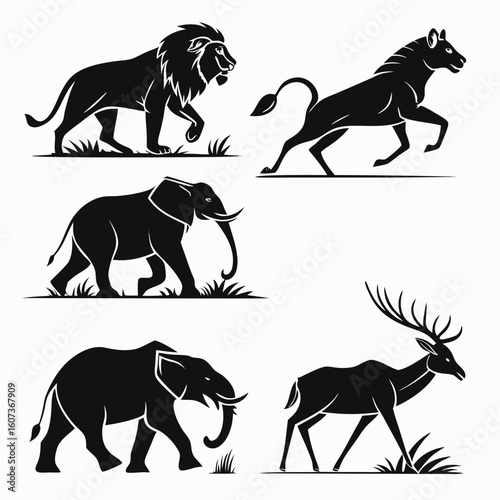 African Safari Silhouette Collection: The image presents a striking assortment of African wildlife silhouettes in elegant, stylized renderings that embodies the grandeur of the African safari. 