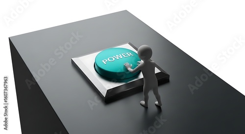 3D stick figure presses a vibrant power button on a modern gray surface