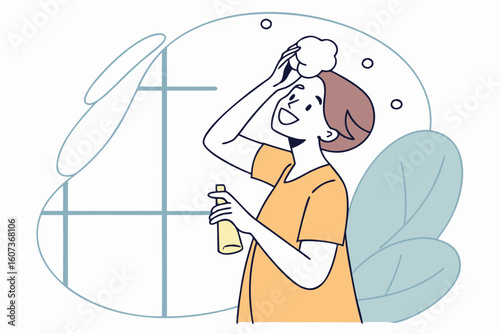 A young woman takes a refreshing shower with gel and a puff, smiling with joy and contentment, modern flat illustration style.
