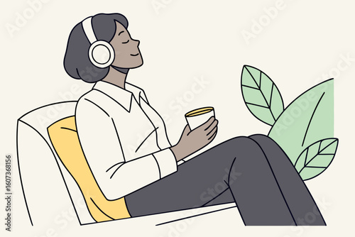 A calm woman relaxes with headphones and coffee in an office lounge, taking a mental break from work, modern flat illustration style.