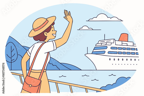 A cheerful woman in a sunhat waves at a huge cruise ship in a scenic harbor, capturing the joy of travel under blue skies, modern flat illustration style.