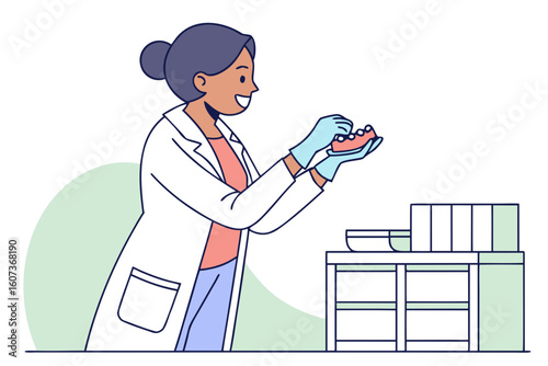 A dentist holds dentures during a demonstration, preparing to educate her patient about oral care, modern flat illustration style.