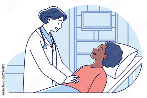 A doctor gently reassures his patient before a gastroscopy procedure in a state-of-the-art clinic, modern flat illustration style.
