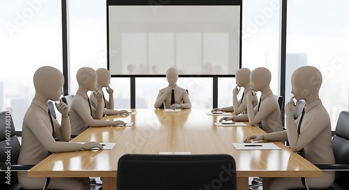 A conceptual 3D rendering representing a corporate meeting, illustrating group brainstorming