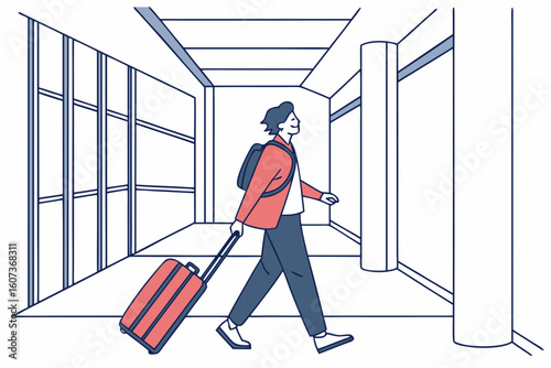 A man with luggage walks confidently through a spacious hallway before starting his trip, full of excitement and purpose, modern flat illustration style.