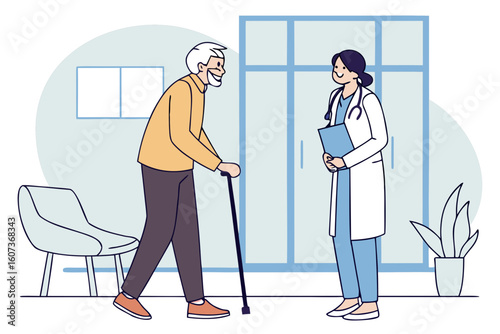 An elderly man with a walking stick smiles while discussing his health with a kind female doctor in a clinic, modern flat illustration style.