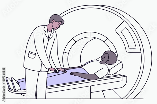 A professional doctor gently prepares a patient for a procedure, ensuring comfort and care in a sterile environment, modern flat illustration style.