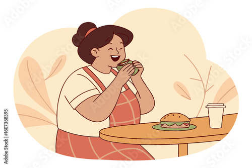 An overweight woman enjoys her delicious meal at a wooden table, savoring each bite with joy, modern flat illustration style.
